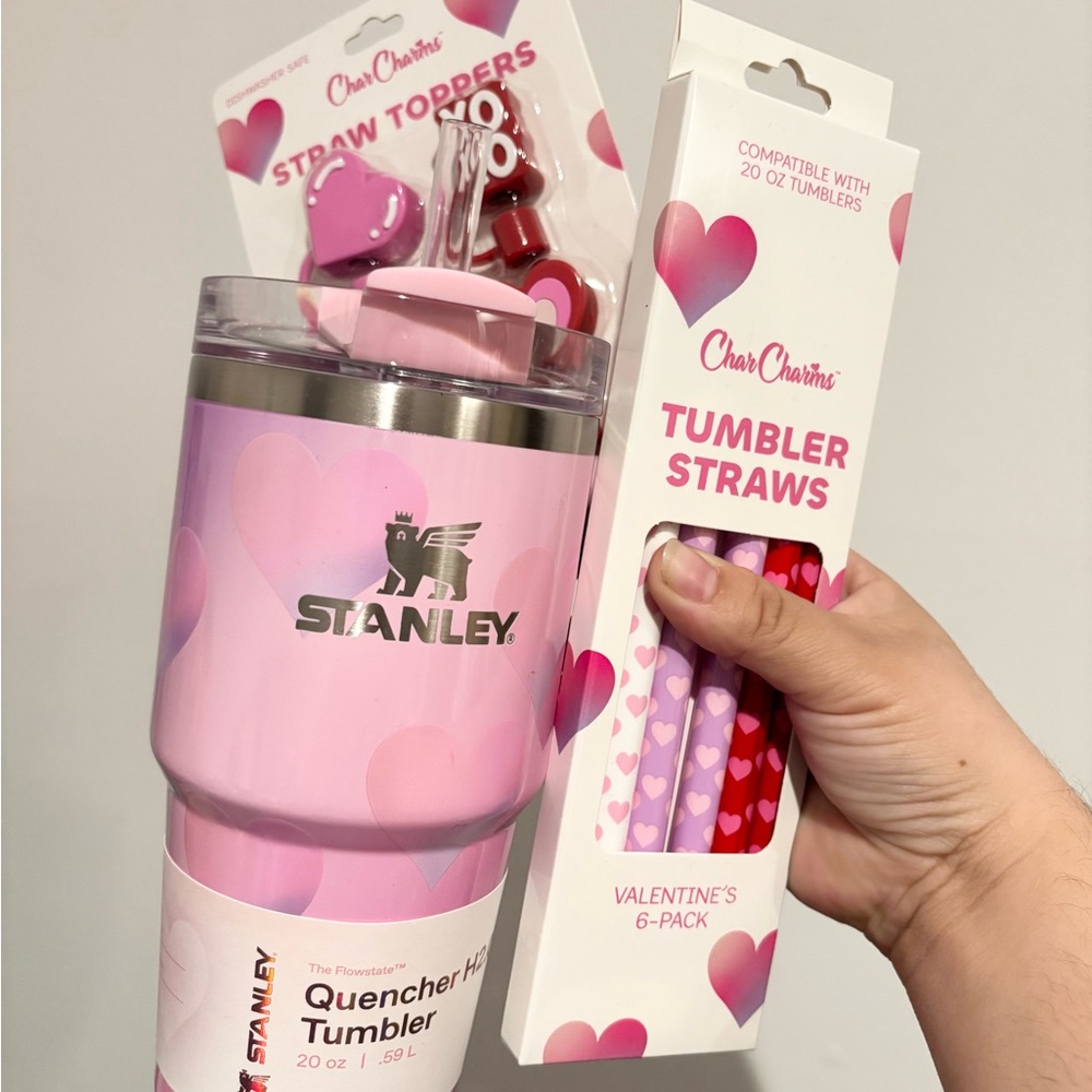 Stanley Pink Quencher Tumbler with Heart Straw Set